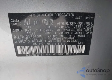 2023 Subaru Outback Premium из США, поврежденный, VIN 4S4BTADC4P3181912